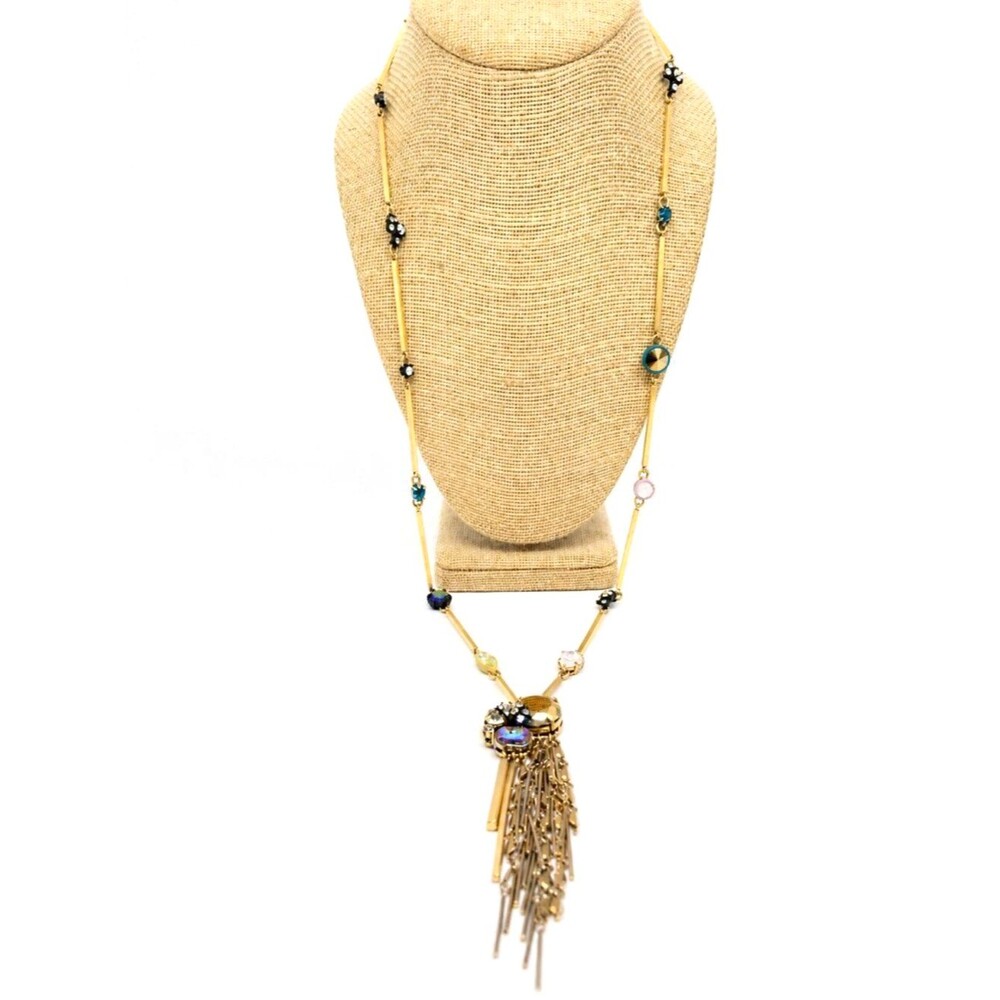 J Crew Tassel Necklace Gold Tone Crystal Rhinestone Art Deco Style Statement